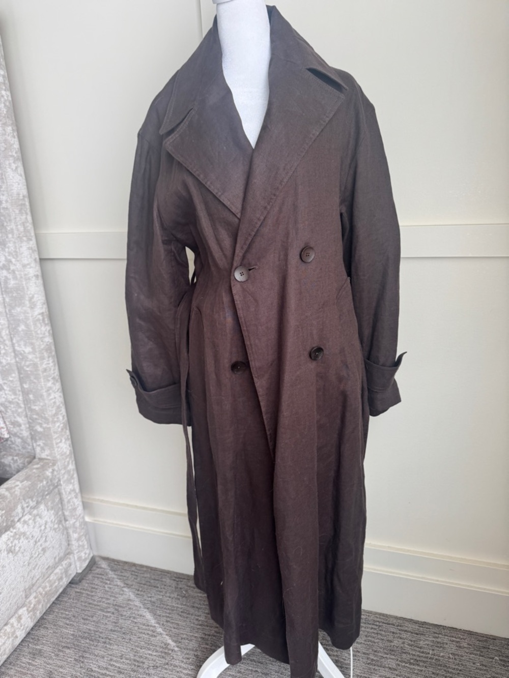 Mango Brown Double-Breasted Linen Trench Coat - Picture 9 of 16